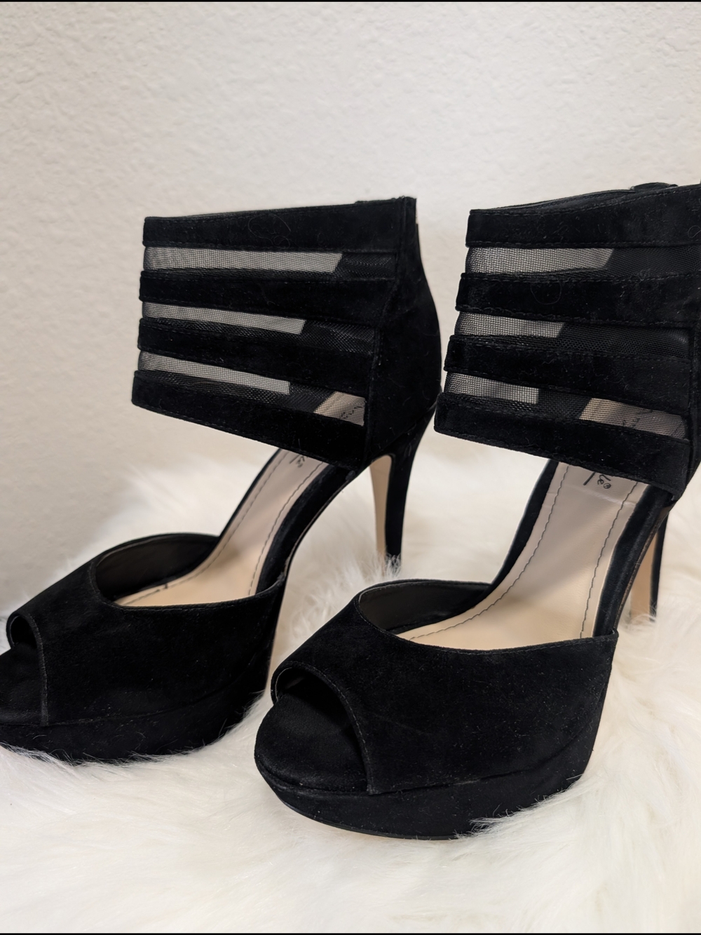 Women's Black Suede Peep-Toe High Heels with Wrapped Ankle Strap